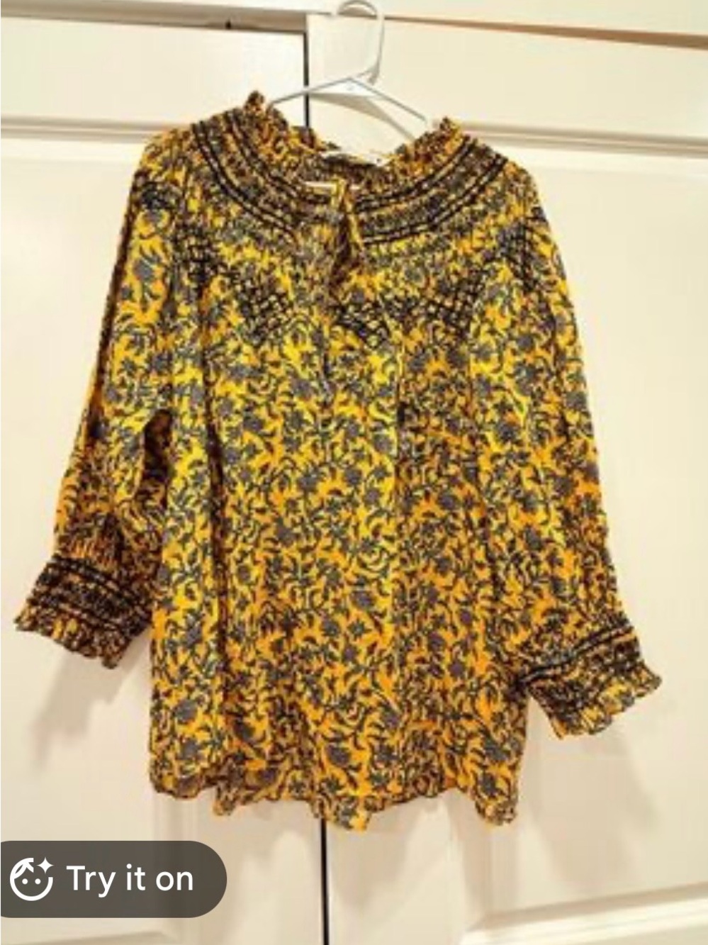 Zara Yellow Floral Smocked Blouse with Green Print